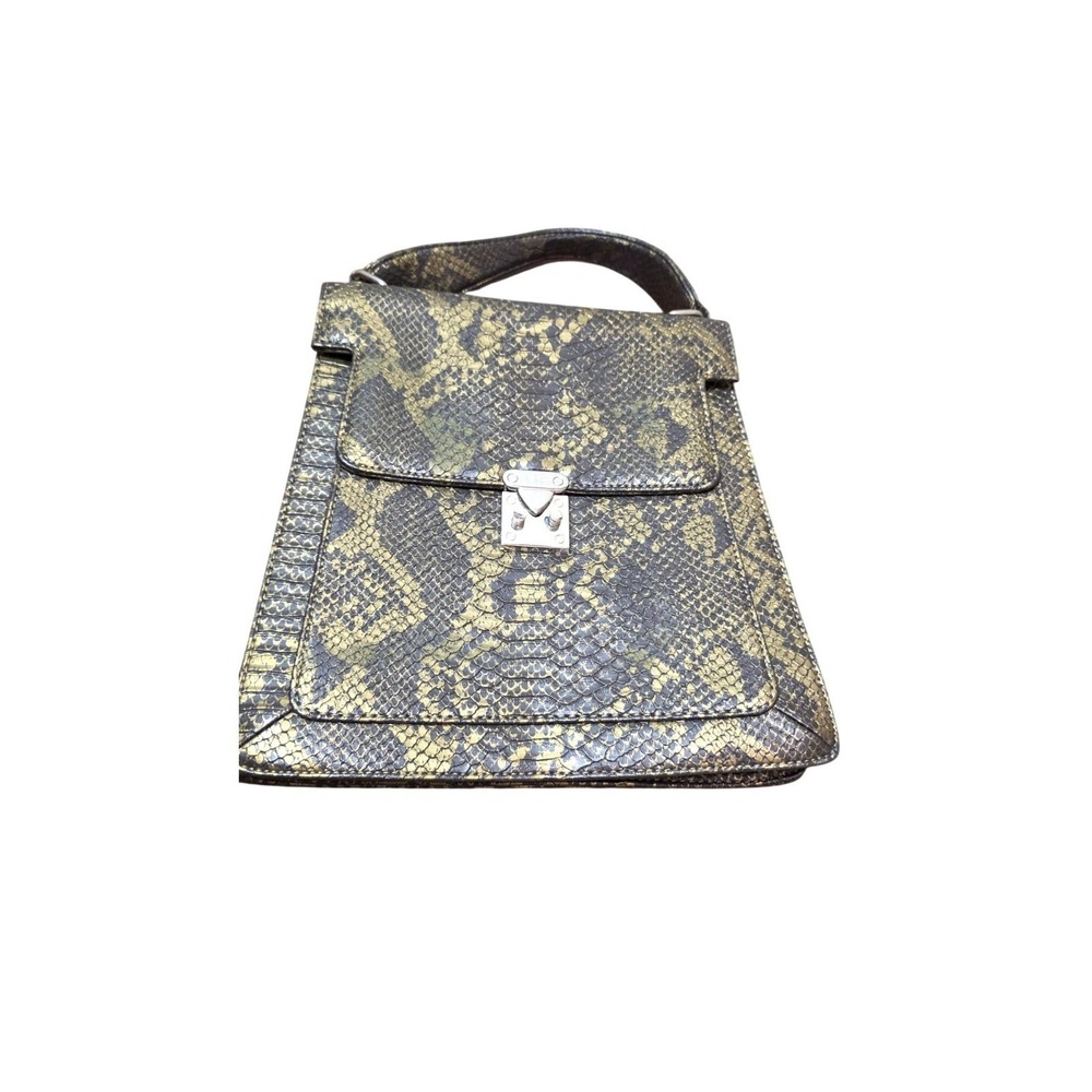 Snake Print Crocodile Embossed Fur Leather Hand‎ Bag Silver Hardware Size M